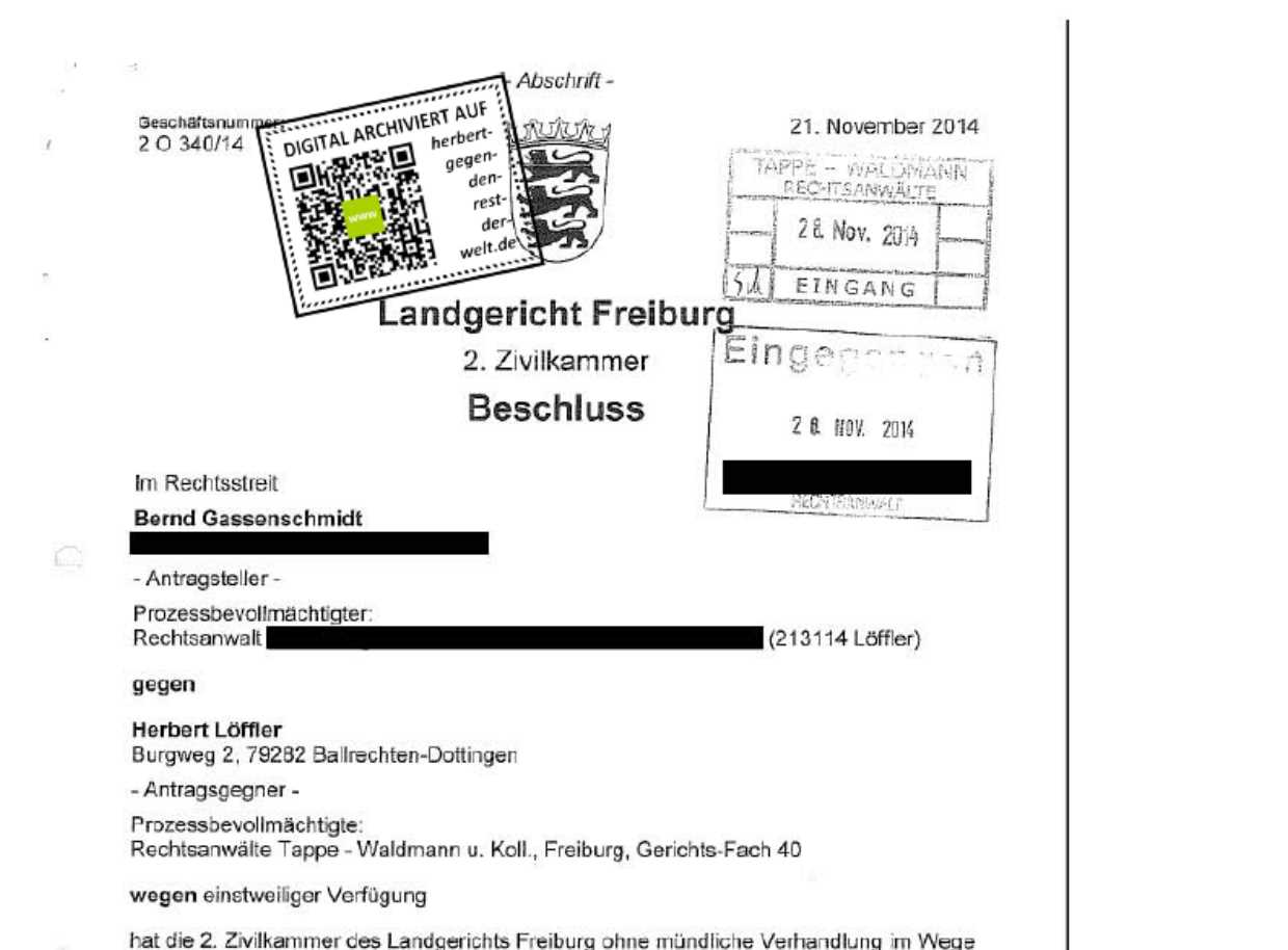 Landgericht Freiburg AZ 2 O 340-14 (Beschluss vom 21.11.2014 HERBERT LÖFFLER)